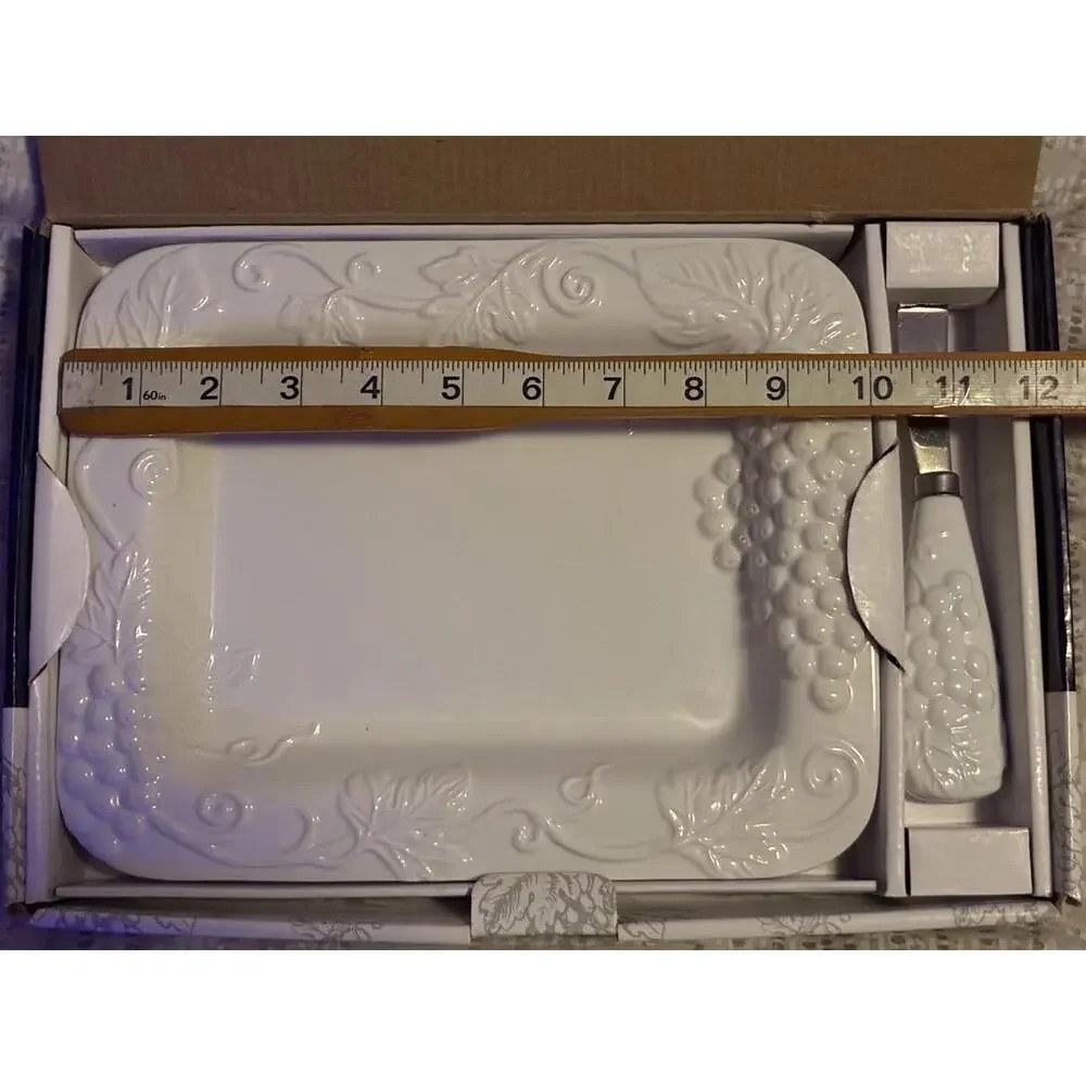 Vintage CIB White Porcelain Cheese Tray with Spreader  Embossed Grapevine Design